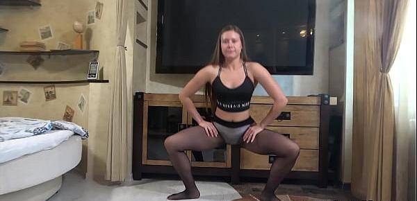  Melody In Thong Panties and Black Pantyhose Doing Her Daily Stretches